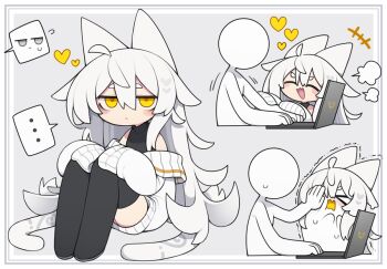 +++ ... 1girl 1other :< absurdly_long_hair ahoge animal_ears black_shirt black_thighhighs blush_stickers cardigan closed_eyes closed_mouth commentary_request computer dorodra_(kisaragi_kaya) hair_between_eyes hair_flaps heart jitome kisaragi_kaya laptop long_hair long_sleeves multiple_views no_nose no_shoes open_cardigan open_clothes open_mouth original puff_of_air shirt sleeveless sleeveless_shirt sleeves_past_fingers sleeves_past_wrists smile speech_bubble spoken_ellipsis thighhighs turtleneck turtleneck_shirt very_long_hair white_cardigan white_hair yellow_eyes