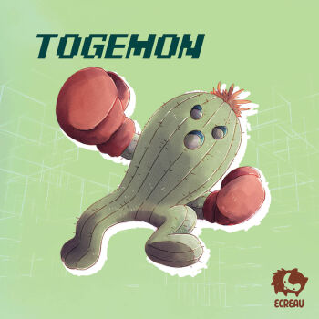 Rule 34 | artist logo, artist name, boxing gloves, character name, digimon, digimon (creature), ecreau, gloves, green background, highres, logo, plant monster, red gloves, solo, togemon