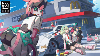 3girls absurdres android ass asymmetrical_bangs bangboo_(zenless_zone_zero) bare_back bare_shoulders black_choker black_hair black_sclera black_skirt black_sleeves black_thighhighs blonde_hair blue_sky blush_stickers bow burger car cat_hair_ornament chinatsu_remiel choker cloud cloudy_sky collared_shirt colored_sclera cup day detached_sleeves disposable_cup dress drinking_straw earrings eating fast_food food french_fries frilled_cuffs green_bow green_eyes green_halo hair_bow hair_ornament halo heart high_ponytail highres holding holding_burger holding_food humanoid_robot jewelry joints looking_at_viewer motor_vehicle multicolored_hair multiple_girls musical_note_earrings necktie on_floor open_mouth outdoors pink_shoes ponytail red_hair red_necktie restaurant robot robot_ears robot_girl robot_joints rokudu_sariel shangguan_wanyu shirt shoes sitting skirt sky sports_car squatting standing striped_arm_warmers sweat thighhighs twintails two-tone_hair watermark weibo_username weibo_watermark white_dress white_shirt yutane_johiel zenless_zone_zero