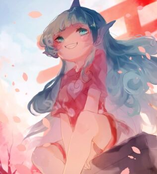 1girl blue_hair cherry_blossoms commentary_request curly_hair feet_out_of_frame green_eyes grin horns kariyushi_shirt komano_aunn long_hair looking_at_viewer one-hour_drawing_challenge petals red_shirt shinjitsu_no_kuchi shirt shorts single_horn smile solo torii touhou white_shorts