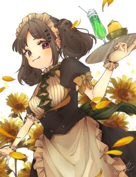 Rule 34 | 1girl, :q, apron, black dress, blush, brown eyes, brown hair, closed mouth, commentary, cowboy shot, cup, dress, drinking glass, flower, food, frilled apron, frills, holding, holding tray, ice cream, ice cream float, looking at viewer, maid, maid headdress, medium hair, notamaru 2, original, parted bangs, short sleeves, signature, simple background, solo, sunflower, tongue, tongue out, tray, twintails, waist apron, white apron, white background, yellow flower