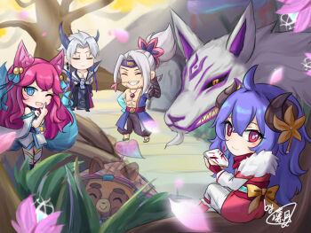2girls 3boys :d abs ahoge ahri_(league_of_legends) animal animal_ears asymmetrical_horns bare_shoulders bell black_pants bow earrings facial_mark flower fox_ears fox_girl fox_tail fur_trim green_eyes grey_hair grin hair_bell hair_ornament hairband hand_up holding holding_mask horns invisible japanese_clothes jewelry kimono kindred_(league_of_legends) lamb_(league_of_legends) league_of_legends long_hair looking_back mask unworn_mask mismatched_horns multiple_boys multiple_girls necklace one_eye_closed open_mouth orange_bow outdoors oversized_animal pants pink_flower pink_hair ponytail purple_hair purple_hairband red_eyes sharp_teeth signature sitting smile spirit_blossom_ahri spirit_blossom_kindred spirit_blossom_teemo spirit_blossom_yasuo spirit_blossom_yone sylvia_rintsuki tail teemo teeth whisker_markings wolf_(league_of_legends) yasuo_(league_of_legends) yone_(league_of_legends)
