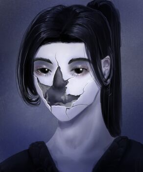 1boy aegyo_sal beanszzz black_eyes black_hair commentary cracked_skin curtained_hair english_commentary facing_viewer high_ponytail highres long_hair madra_(album) male_focus ponytail porcelain portrait shadow_slave sidelocks solo sunny_(shadow_slave)