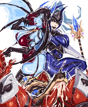 1boy 2025 2girls alternate_breast_size_(larger) alternate_hairstyle armor ass ass-to-ass black_gloves black_hair black_lips blue_bodysuit blue_skin blush bodysuit breasts bulge cleavage colored_skin cum demon demon_girl demon_horns demon_wings dominatrix dota_(series) dota_2 dress ejaculation elbow_gloves erection erection_under_clothes eyelashes femdom garter_straps gloves hair_over_one_eye helmet highres holding holding_scepter holding_staff holding_weapon horns huge_ass large_breasts latex latex_bodysuit lips long_hair looking_at_another luna_(dota) makeup multicolored_hair multiple_girls official_alternate_hairstyle on_person open_mouth parted_lips penis pink_eyes popisya purple_eyes queen_of_pain_(dota) red_dress red_eyes red_lips red_skin scepter seductive_smile sitting sitting_on_person sketch smile spread_legs staff thick_thighs thighhighs thighs torn_clothes wavy_hair weapon white_background wings