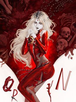 1girl baldur's_gate baldur's_gate_3 black_eyeshadow black_lips blank_eyes blonde_hair blood bodysuit bone character_name circlet clothing_cutout colored_skin dagger detached_sleeves dungeons_&amp;_dragons dungeons_&amp;_dragons entrails eyeshadow facing_viewer feet_out_of_frame from_behind hair_down hair_ornament headpiece highres hip_vent holding holding_dagger holding_knife holding_weapon intestines knife long_hair makeup organs orin_the_red own_hands_together red_bodysuit skull skyorange solo wavy_hair weapon white_skin