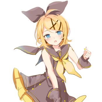 1girl ahoge aqua_eyes black_bow black_dress black_sailor_collar black_wrist_cuffs blonde_hair blue_eyes bow buttons double-breasted dress fang finger_heart hair_bow hair_ornament hairclip headphones highres kagamine_rin kagamine_rin_(sour_model) looking_at_viewer neckerchief oyamada_gamata sailor_collar sailor_dress sketch skin_fang skirt_under_dress sleeveless sleeveless_dress solo sour_model_(mikumikudance) swept_bangs treble_clef vocaloid wrist_cuffs yellow_nails yellow_neckerchief