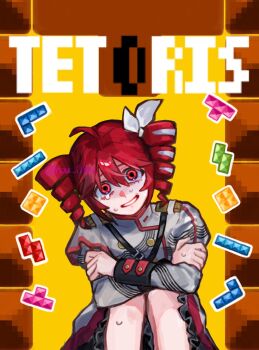 1girl ahoge belt black_belt bow drill_hair grey_jacket grey_skirt grin hair_bow hair_ribbon highres holding_own_arm jacket kasane_teto kasane_teto_(sv) layered_skirt long_sleeves looking_at_viewer nou_1182 red_eyes red_hair red_skirt red_trim ribbon shoulder_belt shoulder_boards sitting skirt skirt_set sleeve_cuffs smile solo striped_clothes striped_jacket sweat synthesizer_v tetoris_(synthesizer_v) tetris three-quarter_sleeves twin_drills utau white_bow white_ribbon yellow_bow