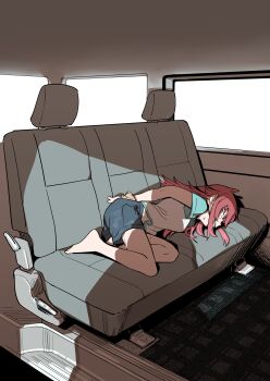 1girl arms_behind_back bare_legs barefoot blue_shorts bound bound_wrists breasts car_interior cloth_gag commentary_request gag gagged highres idolmaster idolmaster_shiny_colors improvised_gag kidnapped kidnapped_girl kidnapping komiya_kaho long_hair lying muchi_maro on_side red_hair scared shirt shorts solo t-shirt