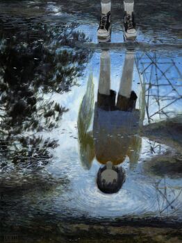 1boy absurdres black_eyes black_hair black_shorts blank_stare blue_shirt dirty feathered_wings from_above full_body highres looking_at_reflection maomi_jita original painterly puddle reflection reflection_focus ripples shirt shoes short_hair shorts sneakers socks solo transmission_tower tree white_socks white_wings wings