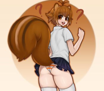 1girl :d ? ahoge alternate_costume animal_ears arc_system_works ass black_skirt blazblue blazblue:_continuum_shift brown_eyes brown_hair clueless cowboy_shot female_focus from_behind gradient_background looking_at_viewer looking_back makoto_nanaya miniskirt nerosynt open_mouth orange_panties panties pantyshot pleated_skirt school_uniform shirt short_hair sidelocks simple_background skirt smile solo squirrel_ears squirrel_girl squirrel_tail standing striped_clothes striped_panties tail teeth thighhighs thighs two-tone_panties underwear upper_teeth_only wedgie white_panties white_shirt white_thighhighs