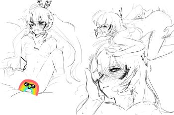 2girls ahoge ass_blush bite_mark bite_mark_on_breast blush breasts censored ceres_fauna character_name clenched_teeth closed_eyes commentary completely_nude doggystyle feather_hair_ornament feathers female_orgasm futa_with_female futanari grabbing_another&#039;s_arm hair_ornament highres hololive hololive_english implied_futanari implied_sex long_hair medium_breasts multiple_girls nanashi_mumei nude orgasm parted_lips ponytail pussy_juice ryy_0x0 saliva sex_from_behind strangling teeth torogao trembling very_long_hair