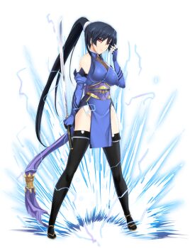 Rule 34 | 1girl, bare shoulders, black hair, black thighhighs, breasts, choukou (alicesoft), choukou sennin haruka, choukou taisen escalation heroines, elbow gloves, electricity, fingerless gloves, full body, gloves, holding, japanese clothes, katana, large breasts, long hair, looking at viewer, magical girl, ninja, official art, onigirikun, pelvic curtain, ponytail, red eyes, sandals, sash, second-party source, solo, standing, subaru (choukou sennin haruka), sword, thighhighs, transparent background, very long hair, weapon