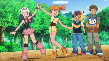 2boys 2girls :3 :d ash_ketchum baseball_cap beanie black_gloves black_hair black_shirt black_socks black_vest blue_eyes blue_hair blue_pants blue_shoes blue_sky boots brock_(pokemon) brown_hair brown_pants bush closed_eyes closed_mouth cloud commentary_request dark-skinned_male dark_skin dawn_(pokemon) day denim eyelashes fingerless_gloves forest full_body gen_1_pokemon gen_4_pokemon gloves green_eyes green_shirt hair_ornament hairclip hat high_five highres holding holding_pokemon in-franchise_crossover jacket jeans kneehighs long_hair lukas_thadeu misty_(pokemon) multiple_boys multiple_girls nature nintendo official_alternate_costume official_style on_shoulder open_mouth orange_boots orange_hair outdoors pants parody pikachu pink_boots pink_skirt piplup pokemon pokemon_(anime) pokemon_(creature) pokemon_dppt_(anime) pokemon_on_shoulder pokemon_rse_(anime) poketch red_hat red_shirt red_shoes shirt shoes short_hair short_sleeves shorts side_ponytail sidelocks skirt sky smile socks spiked_hair standing style_parody third-party_source tree two-tone_vest vest watch white_hair white_shirt white_socks wristwatch yellow_jacket yellow_shorts