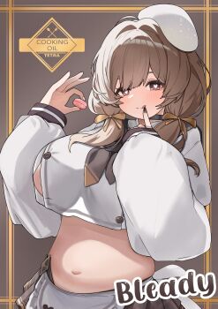 Rule 34 | 1girl, absurdres, apron, beret, black nails, bow, bready (nikke), breasts, bright pupils, brown background, brown bow, brown hair, brown neckerchief, brown sailor collar, brown skirt, character name, closed mouth, commentary request, cookie, cowboy shot, crop top, crop top overhang, cropped shirt, double-parted bangs, english text, engrish text, finger to mouth, fingernails, food, goddess of victory: nikke, gold border, hair bow, hair intakes, hair over one eye, hair over shoulder, hands up, hat, heart, heart-shaped pupils, highres, holding, holding cookie, holding food, index finger raised, large breasts, light blush, long bangs, long hair, long sleeves, looking at viewer, low twintails, microskirt, nail polish, navel, neckerchief, no bra, outside border, partially unbuttoned, pleated skirt, plump, puffy long sleeves, puffy sleeves, ranguage, sailor collar, school uniform, shirt, skirt, smile, solo, split mouth, standing, stomach, symbol-shaped pupils, tongue, tongue out, tsubatya, twintails, typo, variant set, waist apron, white apron, white hat, white pupils, white shirt