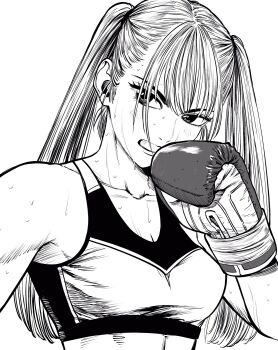 Rule 34 | 1girl, boxing, boxing gloves, breasts, cleavage, collarbone, commentary request, greyscale, hatching (texture), highres, lee (dragon garou), linea alba, long hair, medium breasts, midriff, monochrome, mouth guard, original, serious, solo, sports bra, sweat, twintails, upper body, v-shaped eyebrows, very sweaty