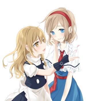 Rule 34 | 2girls, alice margatroid, apron, ascot, black gloves, black skirt, black vest, blonde hair, blue dress, bow, braid, capelet, closed mouth, commentary request, dress, falling petals, gloves, hair bow, hairband, kirisame marisa, long hair, medium hair, multiple girls, multiple others, no headwear, open mouth, petals, pink petals, red ascot, red hairband, red sash, sash, side braid, simple background, single braid, skirt, smile, touhou, tsuno no hito, vest, waist apron, waist sash, white apron, white background, white bow, white capelet, yellow eyes, yuri