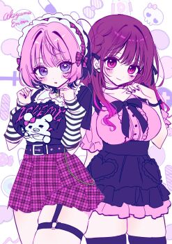 2girls :o akiyama_enma black_choker black_hair black_ribbon black_shirt black_skirt black_thighhighs braid breasts brown_hair choker closed_mouth clothes_writing collarbone colored_bangs commentary cowboy_shot creator_connection frilled_skirt frills garter_straps hair_intakes hair_ribbon highres jirai_kei kimi_ni_koisuru_satsujinki large_breasts long_hair looking_at_viewer miniskirt multiple_girls neck_ribbon noa-senpai_wa_tomodachi. o-ring o-ring_thigh_strap open_mouth patchwork_clothes pink_eyes pink_hair pink_shirt plaid_clothes plaid_skirt puffy_short_sleeves puffy_sleeves purple_eyes ribbon saotome_noa shirt short_hair short_sleeves side_braid single_garter_strap skirt smile striped_arm_warmers thigh_strap thighhighs white_arm_warmers white_background yoshizaki_kokoa zettai_ryouiki