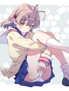 1girl \m/ akayama_yukihe antenna_hair blazer blue_skirt blush brown_eyes brown_hair cameltoe clannad closed_mouth commentary_request eyes_visible_through_hair feet_out_of_frame furukawa_nagisa grey_background hair_between_eyes hair_ornament hairclip highres hikarizaka_private_high_school_uniform hugging_own_legs jacket kneehighs knees_together_feet_apart knees_up letterboxed looking_at_viewer medium_hair miniskirt panties parallel_hairclips pleated_skirt sailor_collar school_uniform simple_background sitting skirt sleeves_past_wrists smile socks solo thighs underwear white_panties white_sailor_collar white_socks yellow_jacket