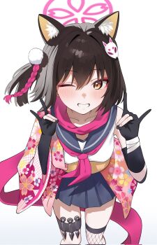 Rule 34 | 1girl, animal ear fluff, animal ears, black gloves, black hair, blue archive, blue sailor collar, blue skirt, blush, brown hair, double fox shadow puppet, fishnet thighhighs, fishnets, floral print, fox ears, fox girl, fox shadow puppet, gloves, grin, hair between eyes, halo, highres, holster, izuna (blue archive), japanese clothes, kunai, looking at viewer, makeup, neckerchief, one eye closed, one side up, partially fingerless gloves, pink halo, pink neckerchief, pink scarf, pleated skirt, pom pom (clothes), sailor collar, scarf, school uniform, serafuku, short hair, simple background, single thighhigh, skirt, smile, solo, thigh holster, thighhighs, toughman, weapon, white background, yellow eyes