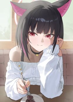 1girl absurdres animal_ears black_choker black_hair blue_archive blunt_bangs blush cat_ears choker closed_mouth commentary earrings evening_rabbit extra_ears fork halo highres holding holding_fork jewelry kazusa_(blue_archive) long_sleeves looking_at_viewer multicolored_hair pink_hair pink_nails red_eyes shirt short_hair smile solo streaked_hair tucking_hair white_shirt