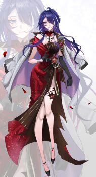 1girl acheron_(honkai:_star_rail) acheron_(star_rail_live_2025)_(honkai:_star_rail) ahoge asymmetrical_gloves black_dress black_gloves black_shoes blush breasts closed_mouth collarbone diamond-shaped_pupils diamond_(shape) dress elbow_gloves eyelashes flower flower_ornament full_body gem gettou0_0 gloves grey_jacket hair_over_one_eye highres honkai:_star_rail honkai_(series) jacket jewelry lapels lips long_dress long_hair looking_at_viewer medium_breasts multicolored_hair necklace official_alternate_costume open_clothes open_jacket pearl_(gemstone) pearl_necklace petals purple_eyes purple_hair purple_jacket red_dress red_flower shoes simple_background single_bare_shoulder sleeveless sleeveless_dress solo standing streaked_hair symbol-shaped_pupils thigh_strap two-sided_fabric two-sided_jacket two-tone_dress wavy_hair white_background white_hair zoom_layer