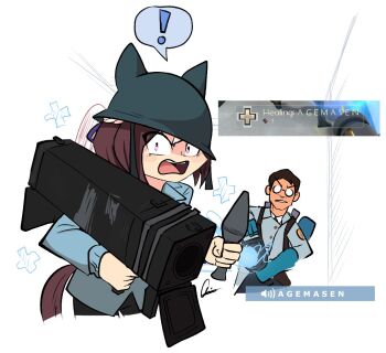 Rule 34 | 1boy, 1girl, agemasen! (meme), animal ear helmet, animal ears, animal helmet, black box (tf2), black hair, blu medic (tf2), blu soldier (tf2), blue gloves, blue helmet, blue shirt, brown hair, commentary, cosplay, cross, emeruga, english commentary, gameplay mechanics, glasses, gloves, helmet, holding, holding rocket launcher, holding shell, holding weapon, horse ears, horse girl, horse tail, long sleeves, looking at viewer, medi gun, medic (tf2), meme, opaque glasses, open mouth, purple eyes, rocket launcher, round eyewear, screenshot inset, shell, shirt, short hair, simple background, soldier (tf2), soldier (tf2) (cosplay), special week (umamusume), tail, team fortress 2, teeth, umamusume, upper teeth only, weapon, white background