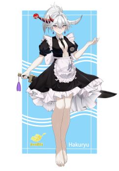 Rule 34 | absurdres, apron, artist name, asymmetrical horns, azur lane, between breasts, black dress, black necktie, blue eyes, blush, breasts, center opening, character name, commentary request, dress, earrings, frilled dress, frills, hair between eyes, hair on horn, hakuryuu (azur lane), hakuryuu (slice dice and serve) (azur lane), highres, holding, holding behind back, holding sword, holding sword behind back, holding weapon, holding weapon behind back, horns, jewelry, light smile, looking at viewer, maid, mismatched horns, mole, mole on breast, multiple horns, necktie, necktie between breasts, puffy short sleeves, puffy sleeves, red horns, short sleeves, sword, waist apron, weapon, white hair, white horns, zzzai