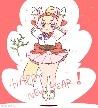 1girl animal_ears arms_up blue_eyes brown_hair commentary_request coroha extra_ears full_body gloves hair_ornament happy_new_year horse_ears horse_girl horse_tail jewelry jumping kemono_friends kemono_friends_3 long_hair looking_at_viewer multicolored_hair necklace new_year nontraditional_miko pink_background pink_hair ponytail sandals shinme_(kemono_friends) simple_background skirt solo tabi tail two-tone_hair zouri