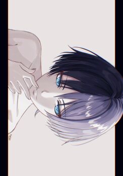 Rule 34 | 1boy, armpit crease, bare shoulders, black border, black hair, blue eyes, blunt ends, border, choppy bangs, collarbone, commentary request, eyeliner, fingernails, genshin impact, hand up, highres, looking to the side, makeup, male focus, nezumi0814, parted lips, pillarboxed, red eyeliner, scaramouche (genshin impact), sideways, sideways glance, solo, topless male, tsurime, white background, white mouth
