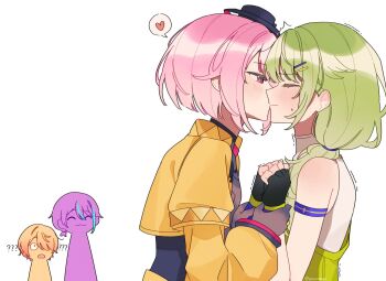 2boys 2girls ? ?? black_gloves blue_streaks blush closed_eyes closed_mouth commentary ear_blush fingerless_gloves gloves green_hair hair_ornament hairclip heart highres jacket kamishiro_rui kiss kusanagi_nene long_hair multiple_boys multiple_girls ootori_emu orange_hair pink_eyes pink_hair project_sekai purple_hair short_hair shoulder_blush simple_background spoken_heart tenma_tsukasa the_coconutnut trembling twintails white_background yellow_jacket yuri