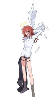 1boy angel_devil_(chainsaw_man) angel_wings arms_behind_head black_male_underwear black_pants black_socks chainsaw_man collared_shirt commentary_request falling_feathers feathered_wings feathers full_body hair_between_eyes halo highres holding_pants hpop_3 korean_commentary long_hair male_focus male_underwear open_mouth pants shirt shirt_stay simple_background socks solo standing traditional_halo underwear unworn_pants white_background white_shirt white_wings wings