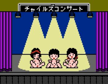 3girls arm_support barefoot black_eyes black_hair bow children&#039;s_day curtains double_v facing_viewer flat_chest hair_bow headband japanese_text kodomo_no_hi lasalle_ishii_no_child&#039;s_quest legs_up loli long_hair looking_at_viewer low_twintails m_legs multiple_girls namco navel nipples nude on_stage one_eye_closed open_mouth partially_translated pixel_art pussy red_bow saiwai_hiroshi short_hair sign sitting smile spotlight spread_legs stage translation_request twintails v wink