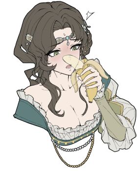 1girl ^^^ banana beads black_hair blush breasts cleavage commentary cropped_torso food fruit furrowed_brow green_eyes hair_ornament hand_up heart heart-shaped_pupils highres holding holding_food holding_fruit jajimalgeol juliet_sleeves large_breasts long_hair long_sleeves looking_at_food moldir_(reverse:1999) official_alternate_costume open_mouth puffy_sleeves reverse:1999 solo sweat symbol-shaped_pupils upper_body white_background