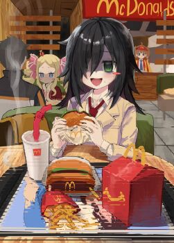 1boy 3girls bags_under_eyes beatrice_(re:zero) black_hair blonde_hair brown_hair burger butterfly-shaped_pupils capelet crossover crown cup disposable_cup drill_hair eating employee_uniform fast_food_uniform food french_fries green_eyes grey_eyes hair_over_one_eye happy_meal hat highres holding holding_food imadake_dabuchi_tabemi jacket kagana_helsuki kuroki_tomoko mcdonald&#039;s mini_crown multiple_crossover multiple_girls natsuki_subaru necktie open_mouth pink_pupils pink_ribbon re:zero_kara_hajimeru_isekai_seikatsu red_capelet ribbon school_uniform shirt skirt smile symbol-shaped_pupils track_jacket track_suit twin_drills twintails visor_cap watashi_ga_motenai_no_wa_dou_kangaetemo_omaera_ga_warui! white_shirt workout_clothes yellow_happi yellow_skirt