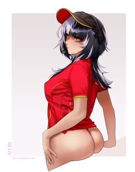 1girl absurdres alternate_costume archimedesu99 ass ass_focus ass_support black_hair closed_mouth covered_erect_nipples employee_uniform fast_food_uniform g-string grey_hair highres hololive hololive_english long_hair mcdonald's microphone multicolored_hair panties red_panties red_shirt shiori_novella shirt solo split-color_hair thong two-tone_hair underwear virtual_youtuber visor_cap yellow_eyes