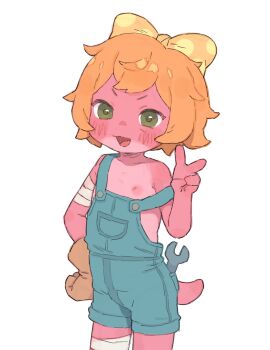 1girl absurdres amphibia bandages bow flat_chest green_eyes hair_bow highres holding holding_wrench loli looking_at_viewer nipples open_mouth overall_shorts overalls polly_plantar possummachine short_hair simple_background solo v white_background wrench yellow_bow
