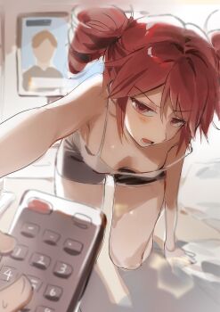 breasts cleavage controller drill_hair highres kasane_teto reaching reaching_towards_viewer red_eyes red_hair remote_control samsap television twin_drills utau