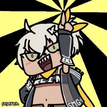 1girl :d ahoge animal_ear_hood animated animated_gif artist_name bandana bandana_around_neck bandeau black_bandeau black_jacket black_sleeves breasts brown_shorts character_name chibi chibi_only chinese_commentary commentary dark-skinned_female dark_skin detached_sleeves fake_animal_ears girls'_frontline green_eyes grey_hair hair_between_eyes hair_ornament hair_ribbon hand_on_own_hip hood jacket klin_(girls'_frontline) letter_hair_ornament light_blush looking_at_viewer looping_animation lowres navel open_mouth pointing pointing_up ponytail ribbon see-through_clothes see-through_jacket seseren sharp_teeth short_hair shorts sleeveless sleeveless_jacket small_breasts smile solo stomach sunburst sunburst_background teeth tongue transparent_background two-tone_background upper_body upper_teeth_only v-shaped_eyes yellow_background yellow_bandana yellow_pupils yellow_ribbon