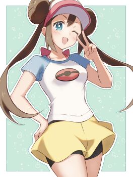 1girl bike_shorts bike_shorts_under_shorts black_shorts blue_eyes blue_sleeves bow breasts brown_hair commentary_request ctjfj923 culottes dot_nose double_bun green_background hair_between_eyes hair_bun hand_on_own_hip hat highres light_blush looking_at_viewer missing_legwear nintendo one_eye_closed open_mouth outline outside_border pink_bow pink_hat poke_ball_symbol pokemon pokemon_black_2_and_white_2 print_shirt raglan_sleeves rosa_(pokemon) shirt short_shorts shorts small_breasts solo thighs twintails two-tone_hat v visor_cap white_hat white_outline white_shirt yellow_shorts