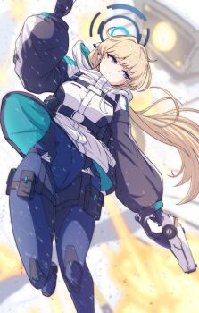 1girl absurdres black_gloves blonde_hair blue_archive blue_eyes breasts commentary_request dual_wielding explosion gloves gun halo highres holding holding_gun holding_weapon jacket kaiju_ryoku long_hair looking_to_the_side official_alternate_costume serious solo toki_(armed)_(blue_archive) toki_(blue_archive) weapon yesod_(blue_archive)