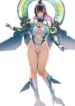1girl areola_slip arm_at_side bare_shoulders blue_one-piece_swimsuit blunt_bangs boots breasts cameltoe center-flap_bangs chibi chibi_inset cleavage cleavage_cutout closed_mouth clothing_cutout commentary_request covered_erect_nipples covered_navel curvy double-parted_bangs full_body gloves groin high_ponytail highleg huge_breasts knee_boots large_areolae long_hair long_legs long_sidelocks looking_at_viewer mecha_musume mechanical_arms mechanical_wings multicolored_hair narrow_waist nishii_(damnedrive) one-piece_swimsuit original outstretched_arm pleated_skirt ponytail purple_hair rudder_footwear see-through_clothes see-through_one-piece_swimsuit sidelocks simple_background skirt smile solo straight-on super_highleg swimsuit tachi-e thick_thighs thighs two-tone_hair two-tone_one-piece_swimsuit white_background white_gloves white_one-piece_swimsuit wide_hips wings
