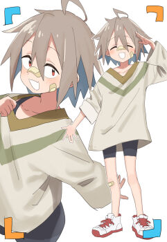 1girl :d \||/ ^_^ ahoge alternate_costume bandaid bandaid_on_face bandaid_on_knee bandaid_on_leg bandaid_on_nose bike_shorts blue_hair blush brown_hair closed_eyes collarbone colored_inner_hair do_it_yourself!! facing_viewer fang gazacy_(dai) highres looking_at_viewer multicolored_hair multiple_views open_mouth oversized_clothes oversized_shirt red_eyes salute shirt shoes short_hair simple_background skin_fang smile sneakers white_mouth yua_serufu