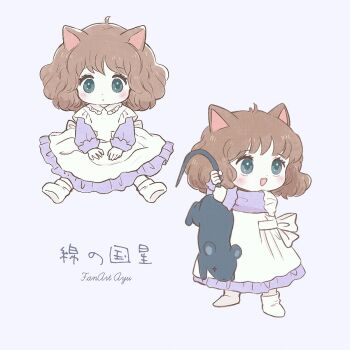 Rule 34 | 1girl, :d, ahoge, animal, animal ears, apron, ayu (mog), blush, brown hair, cat ears, cat girl, chibi, chibi only, closed mouth, commentary, commentary request, copyright name, dress, english commentary, full body, green eyes, holding, holding animal, long sleeves, mixed-language commentary, mouse (animal), no shoes, open mouth, purple background, purple dress, romaji commentary, short hair, simple background, sitting, smile, socks, standing, suwano chibineko, wata no kuni hoshi, white apron, white socks