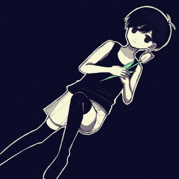 1boy antenna_hair black_background black_eyes black_hair black_tank_top black_thighhighs closed_mouth collarbone colored_skin double-parted_bangs flower holding holding_flower male_focus omori omori_(omori) outline short_hair shorts simple_background solo striped_clothes striped_shorts tank_top thighhighs true_erg tulip vertical-striped_clothes vertical-striped_shorts white_flower white_outline white_shorts white_skin white_tulip