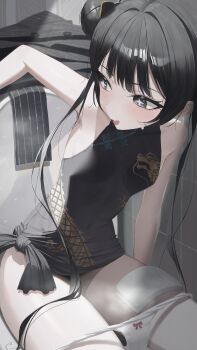 +_+ 1girl absurdres achib bare_arms bare_shoulders black_dress black_hair blue_archive blush breasts china_dress chinese_clothes commentary dragon_print dress grey_eyes hair_bun highres long_hair open_mouth panties panty_pull sitting sleeveless sleeveless_dress small_breasts solo sweatdrop tied_dress toilet twintails underwear white_panties