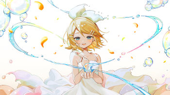 1girl aqua_eyes backlighting bare_arms bare_shoulders blonde_hair blush bow breasts bubble collarbone commentary_request dissolving_clothes dress falling_petals floating_hair foam hair_bow hair_ornament hairclip hand_on_own_chest highres holding_bubble hydrokinesis kagamine_rin long_dress open_mouth petals sazanami_(ripple1996) short_hair small_breasts smile strap sundress swept_bangs vocaloid water white_bow white_dress