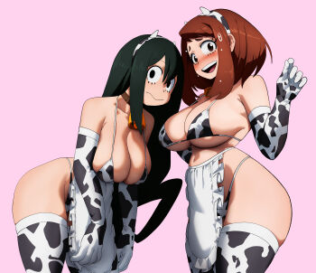 Rule 34 | 2girls, absurdres, alternate costume, animal print, apron, asui tsuyu, bell, bikini, black eyes, blush, boku no hero academia, breasts, brown eyes, brown hair, closed mouth, commentary, cow horns, cow print, cow print bikini, cow print gloves, cow print thighhighs, elbow gloves, english commentary, fake horns, frog girl, gloves, green hair, hair between eyes, highres, horns, inker comics, large breasts, long hair, low-tied long hair, medium breasts, micro bikini, multiple girls, navel, neck bell, open mouth, pink background, print bikini, print gloves, print thighhighs, simple background, swimsuit, teeth, thighhighs, upper teeth only, uraraka ochako, waist apron, white apron