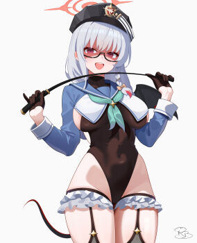 1girl :d absurdres adapted_costume aqua_neckerchief black_gloves black_hat black_leotard blue_archive blue_shrug blush braid breasts covered_navel cowboy_shot frilled_thigh_strap glasses gloves grey_hair groin half_gloves halo hands_up haruna_(blue_archive) hat highleg highleg_leotard highres holding holding_riding_crop large_breasts leotard long_hair long_sleeves looking_at_viewer neckerchief open_mouth red_eyes red_halo riding_crop royalbunny003 semi-rimless_eyewear shaded_face shimiko_(blue_archive) shimiko_(magical)_(blue_archive) shrug_(clothing) sideboob simple_background smile solo tail teeth thigh_strap tsurime upper_teeth_only