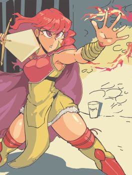 armor armpits armwrap breastplate cape celica_(fire_emblem) davewaterfalls dungeon fighting_stance fire fire_emblem fire_emblem_echoes:_shadows_of_valentia iron_bars loincloth magic nintendo official_alternate_costume original_design red_eyes red_hair sword thighhighs weapon yogurt