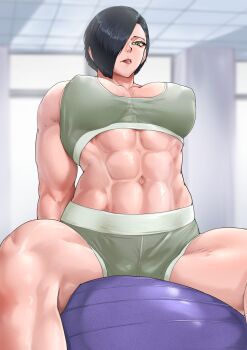 1girl 2024 abs absurdres arm_behind_back asymmetrical_hair ball biceps black_hair blurry blurry_background bra breasts character_name cleavage collarbone commentary covered_erect_nipples depth_of_field exercise_ball female_focus gradient_background green_bra green_eyes green_shorts green_sports_bra hair_over_one_eye highres huge_filesize kureshi_(hannzi) large_breasts legs_apart looking_down mature_female midriff muscular muscular_female muscular_legs navel original red_lips shiny_skin short_hair shorts solo sports_bra standing thick_thighs thighs toned toned_female underwear white_trim yunagi_kuroumi_(kureshi)
